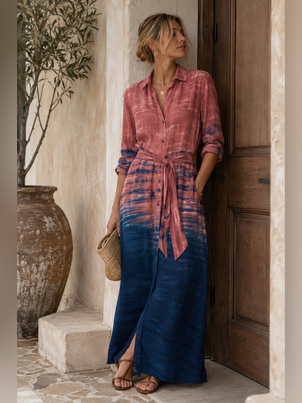 Cloth & Stone by Anthropologie Blush Pink Navy Blue Ombre Tie-Dye Maxi Dress M